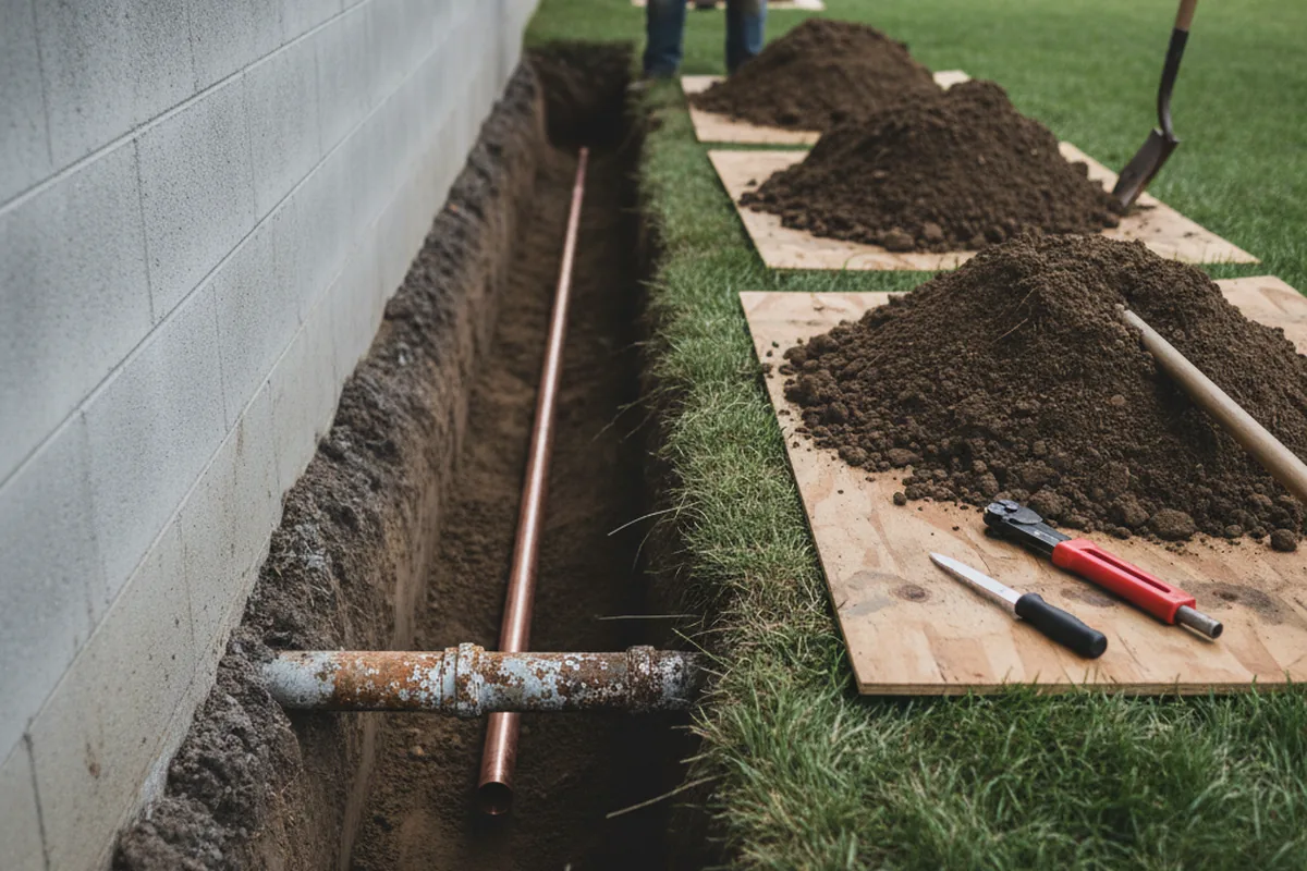 Excavated water line trench during Sewer Line Repair in Carlisle
